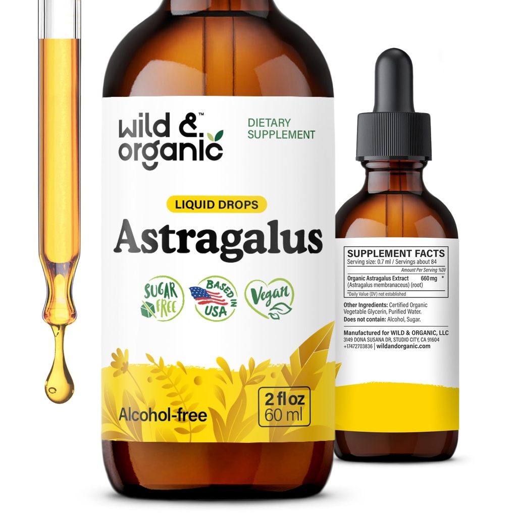 Wild & Organic Astragalus Tinkture - Imunska podpora Kapljice w/Astragalus korenski ekstrakt - Zeliščni dodatek za pomiritev & sprostitev - Vegan, sladkor & alkohol brezplačno - 2 fl oz