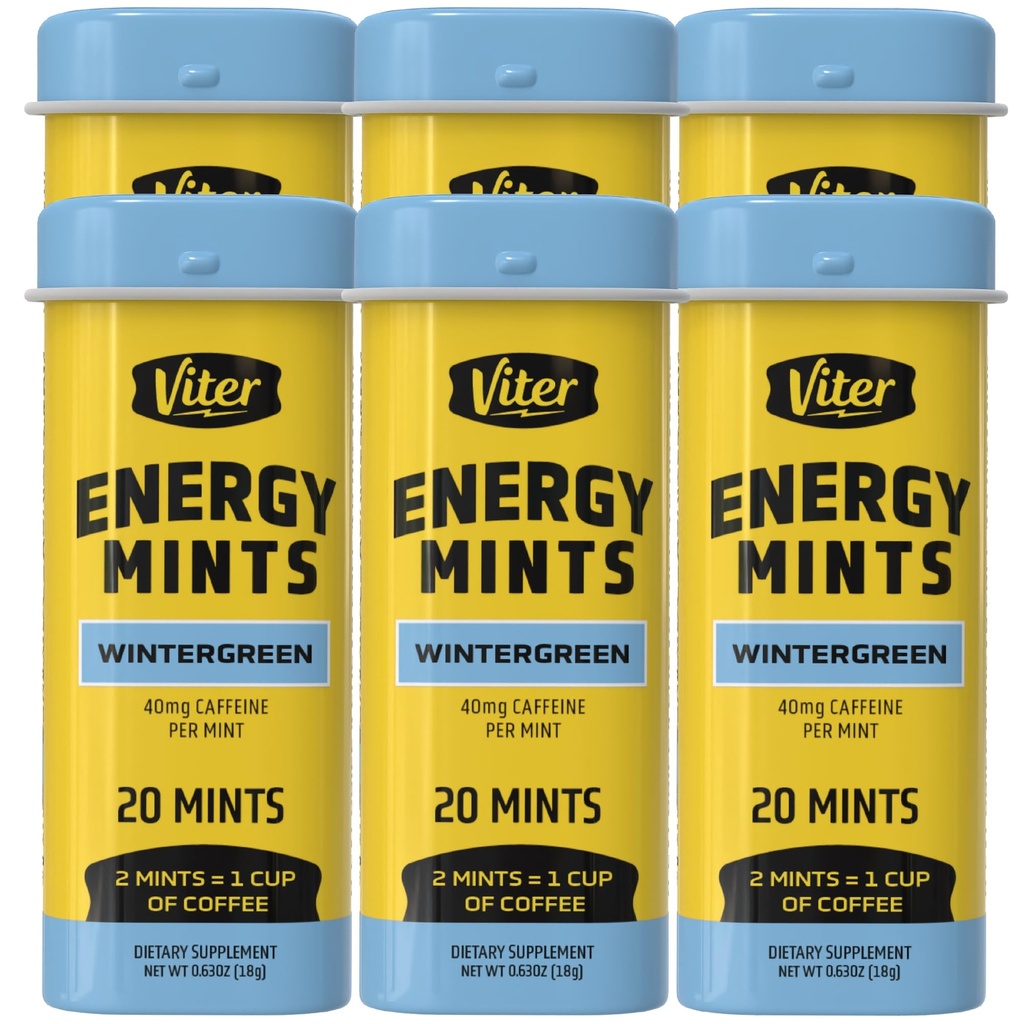 Viter Energy Kofeinirane mete 40mg Kofein, B Vitamini, brez sladkorja. (Zimsko zelena, 20kos, 6 Pack)