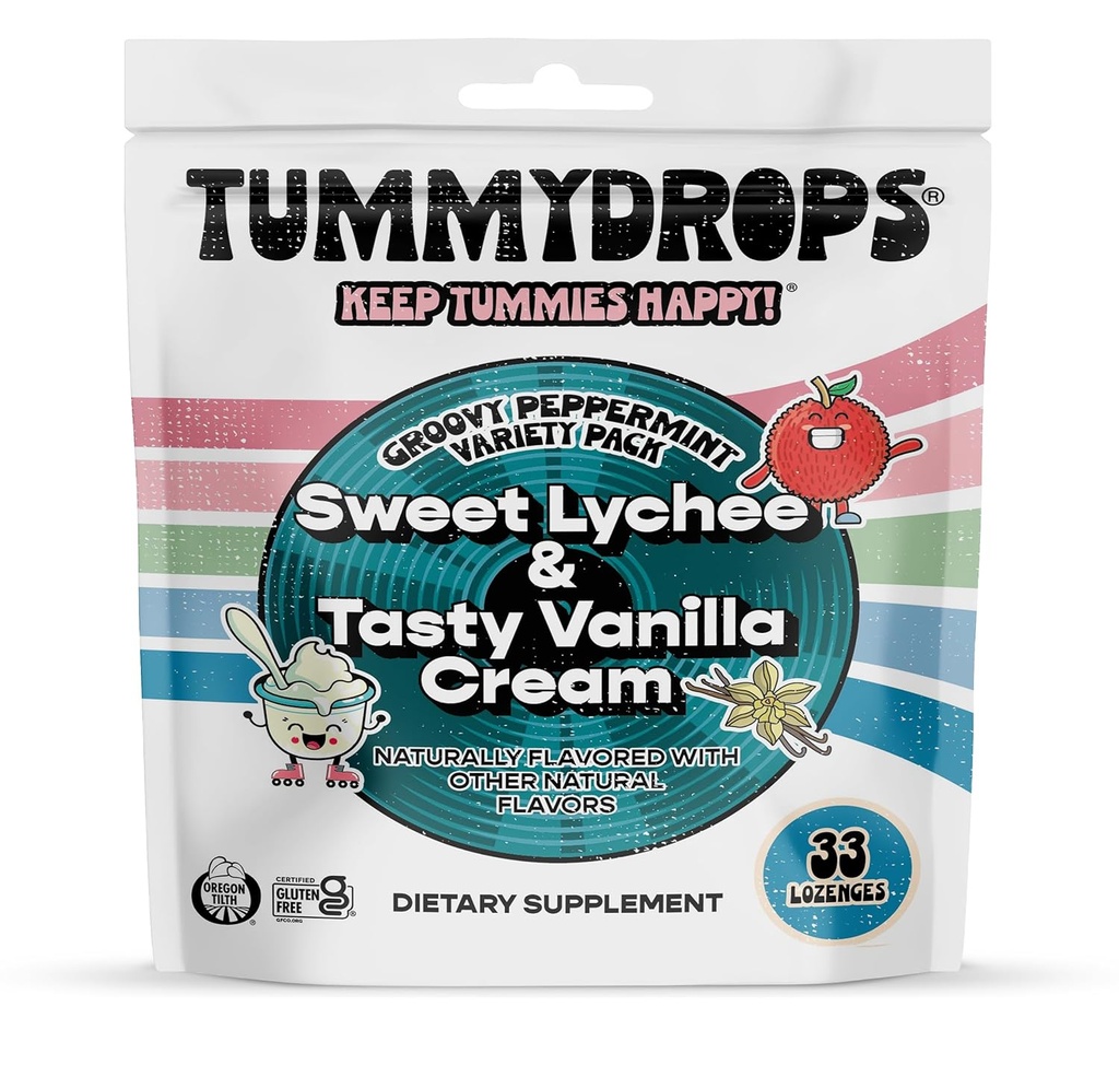 Tummydrops Groovy Peppermint Pack (mix Lychee & Okusno Vanilla Cream). Gluten Free, Vegan, & Made with Organic Sestavine, 33 Individualno zaviti poprove mete Lozenges v Reseable Bag.