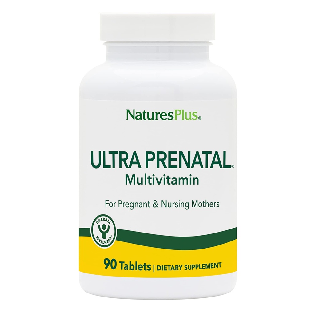 NaturesPlus Ultra Prenatal Multivitamin - 800 μg Folat, 90 Vegetarijanske tablete - Prednatalni dodatek z železom, jodom, kalcij in B-kompleks vitamini - Gluten-free - 45 Serving