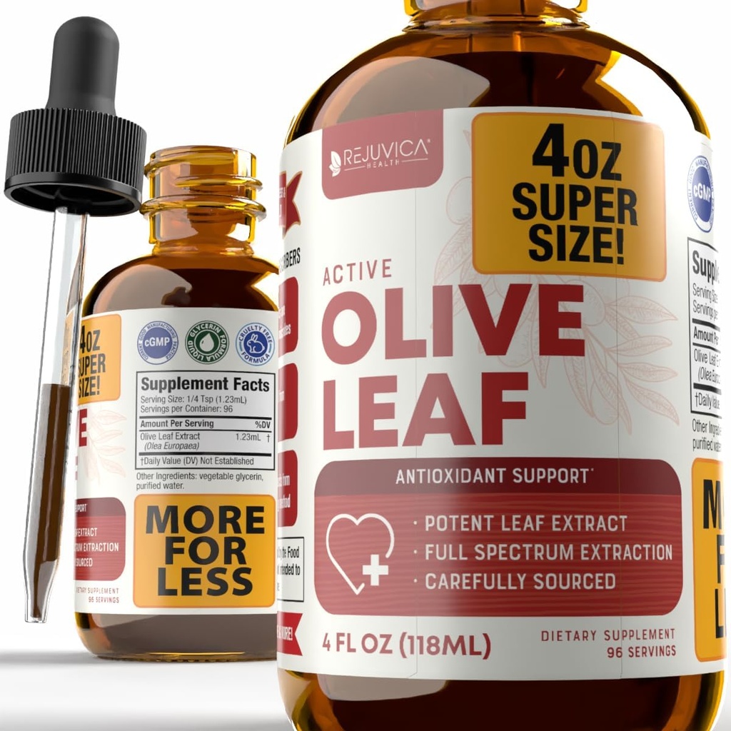 Rejuvica Health Active Olive Leaf 4oz XL Super velikost Tinktura - Napredno Olive Leaf Liquid Extract - Seveda Oleuropein - Imune & Srca podporo kapljice