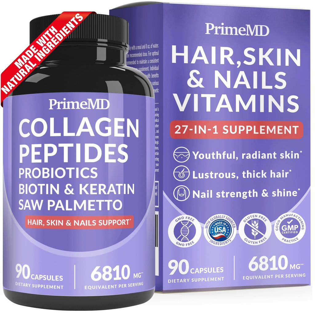 27-v-1 las kože in nohte Vitamini (6810mg) z Biotin 10000mcg - Kolagen dopolnila za moške in ženske - Keratin dopolnila s probiotiki in žago Palmetto, 90ct
