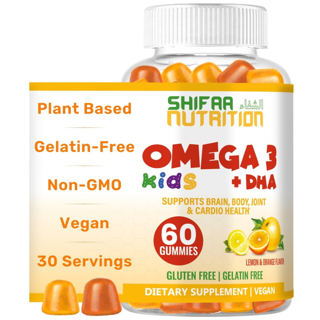 SHIFAA NUTRITION Halal Omega 3 za otroke z DHA Gummies za razvoj možganov, srce in imunske podpore, nasadi, non-GMO, Algae-Based DHA, Gluten & Gelatin-free otroci Omega 3 Gummies, 30 Serving