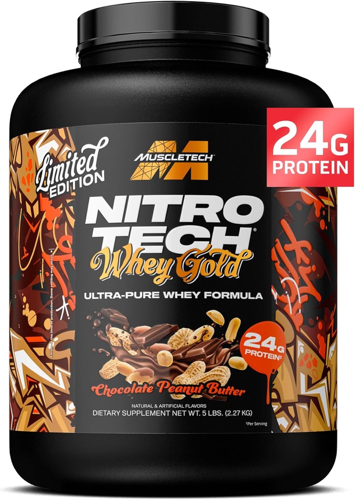MuscleTech Whey Protein Powder (hokolatno arašidovo maslo, 5LB) - Nitro-Tech Whey Protein Isolate Smoothie Mix for Lean Muscle & Fast recovery - 24g sirotkinih zlatih beljakovin za ženske in moške - Gluten-free