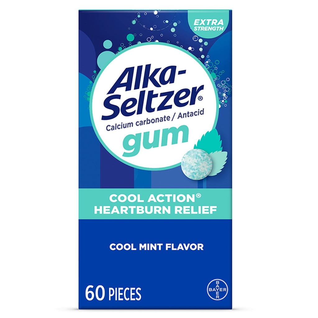 Alka-Seltzer Cool Action Zgaga Relief Gum, Dodatna moč Antacid Gum, kisla prebava in razdražljiva želodčna relief, Brez Krepak okus, Cool Mint Flavor, 60 Število