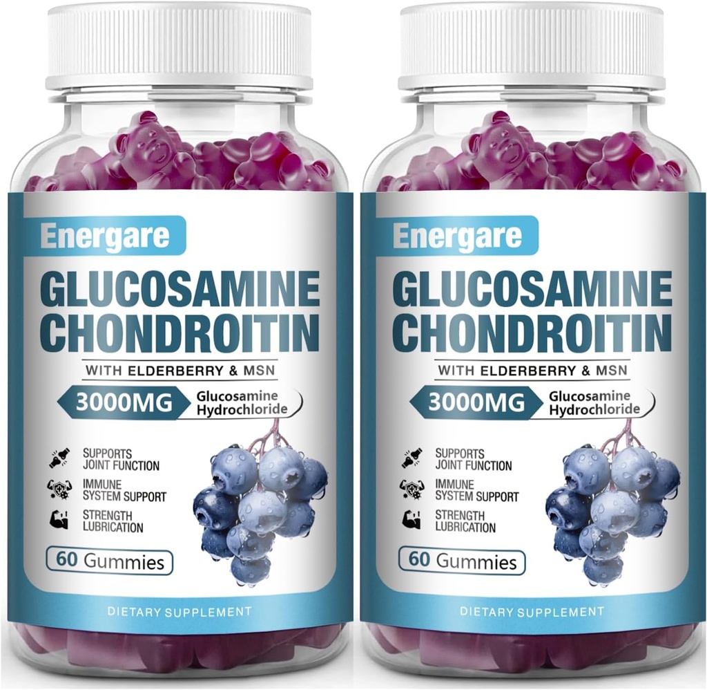 2 Pack 3000mg Glukozamin Chondroitin z MSM Gumies & Elderberry, Dodatna moč Skupna podpora Zdravje, Fleksibilnost, Antioksidant, Imunski dodatek Gummy za odrasle, moški in ženske 120 Število
