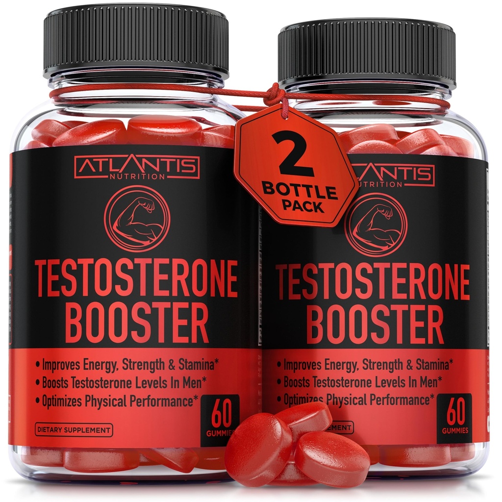 Atlantis Nutrition Testosteron Booster Gumies za moške - Izboljša moč & Stamina - Optimizira učinkovitost & moški izboljšanje - narejen s Tribulus, Horny Kozel, Maca Root 