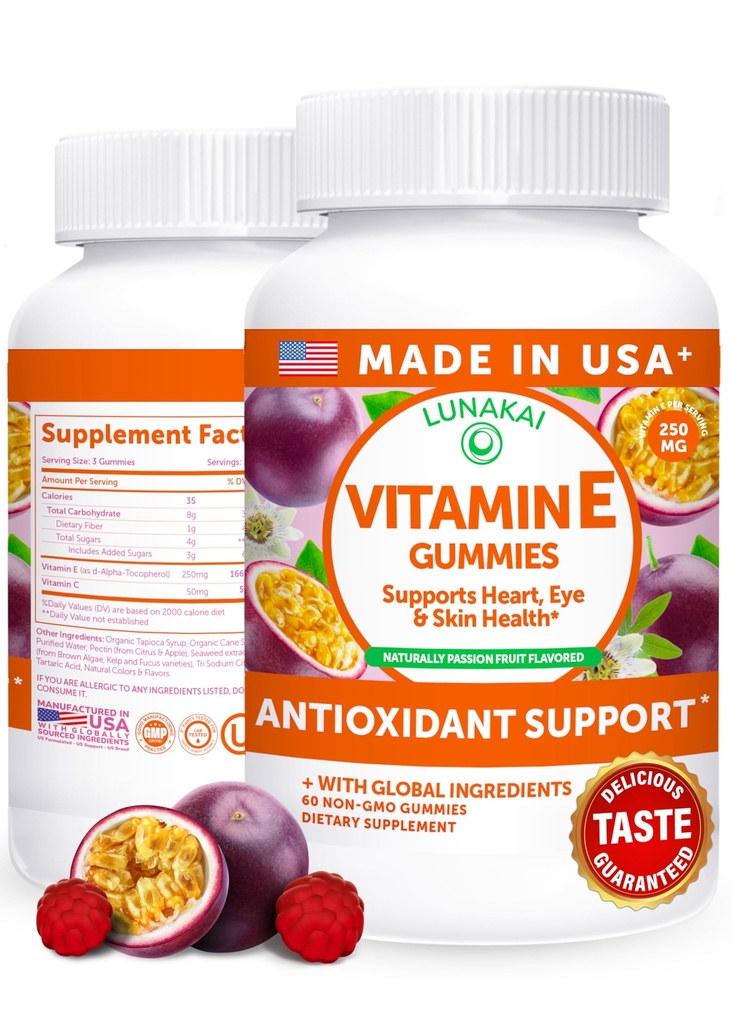 Lunakai USA Made Vitamin E Gumies 400IU z vitaminom C - okusen, Vegan, Non-GMO dodatek za dnevno podporo kože in oči, 60ct