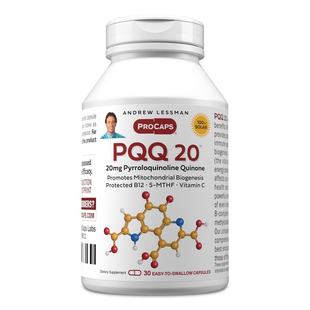 ANDREW LESSMAN PQQ 20mg - 30 kapsul - 20mg pirolokinolin kinon, naravna zaščitna spojina podpira vitalne organe, srce, možgane, jetra, imunski sistem. Mitohondrijska biogeneza, brez dodatkov