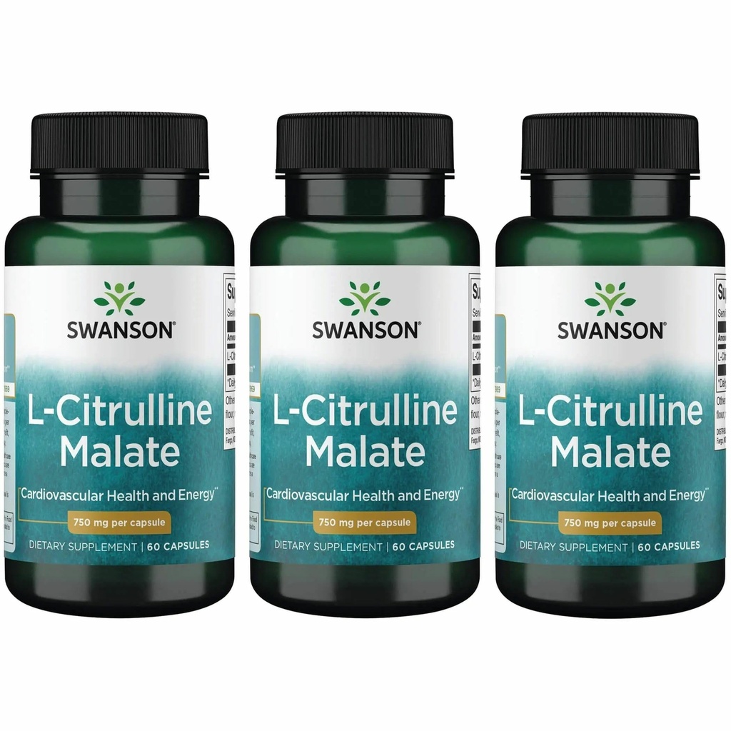 Swanson L-Citrulin Malate - Aminokisline dodatek spodbujanje proizvodnje energije in zdrave krvne cirkulacije - naravna formula, ki podpira splošno wellness - (60 kapsul, 750mg vsak) (3 paket)