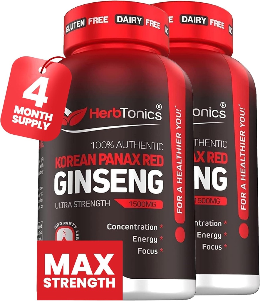 Herbonics Korean Red Panax Ginseng 1500mg - Energy Supplement for Peak Performance, Focus & Vitality - Izvleček korenine ginseng visoke moči - 240 Veganskih kapsul