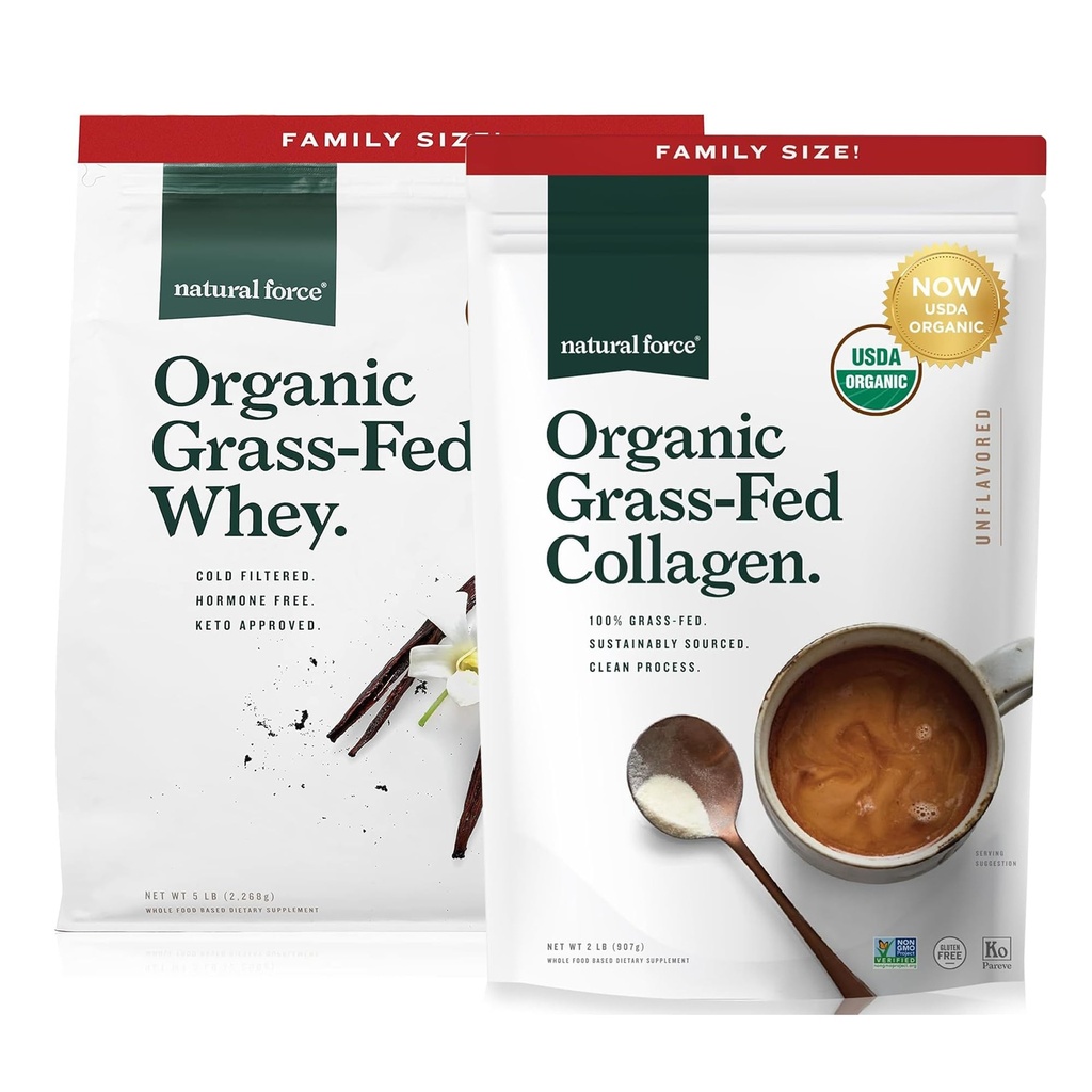 Naravne sile Grass Fed Organic Whey Protein Powder Vanilla Flavor 5 lb Organic Clean Collagen Peptides v prahu brez arome, 32oz