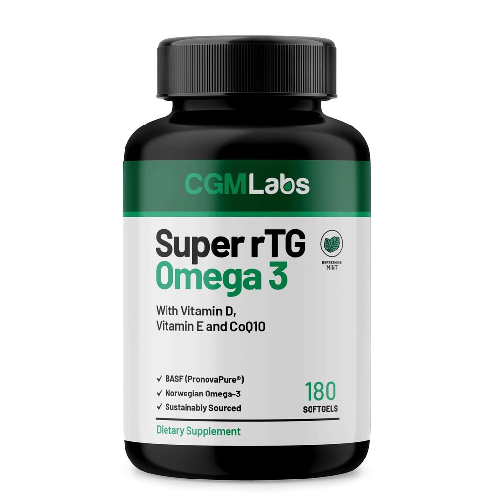 rTG Omega 3 Norveška ribje olje s CoQ10 Prehranska dopolnila- Zdravje srca in antioksidant Podpora z vitamini D & E – 2000 mg Trajno Izvira – Super rTG Omega 3, 180 Softgels by CGM Labs