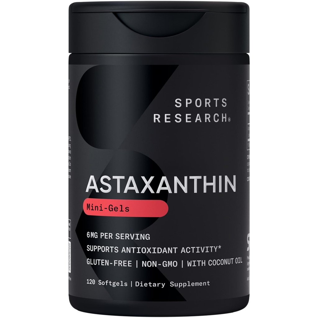Športne raziskave Trojna moč Astaksantin dodatek (6mg) z organskim kokosovim oljem za antioksidantno aktivnost, podpora za zdravje kože in oči - Non-GMO Verified & Gluten Free - 120 Softgels