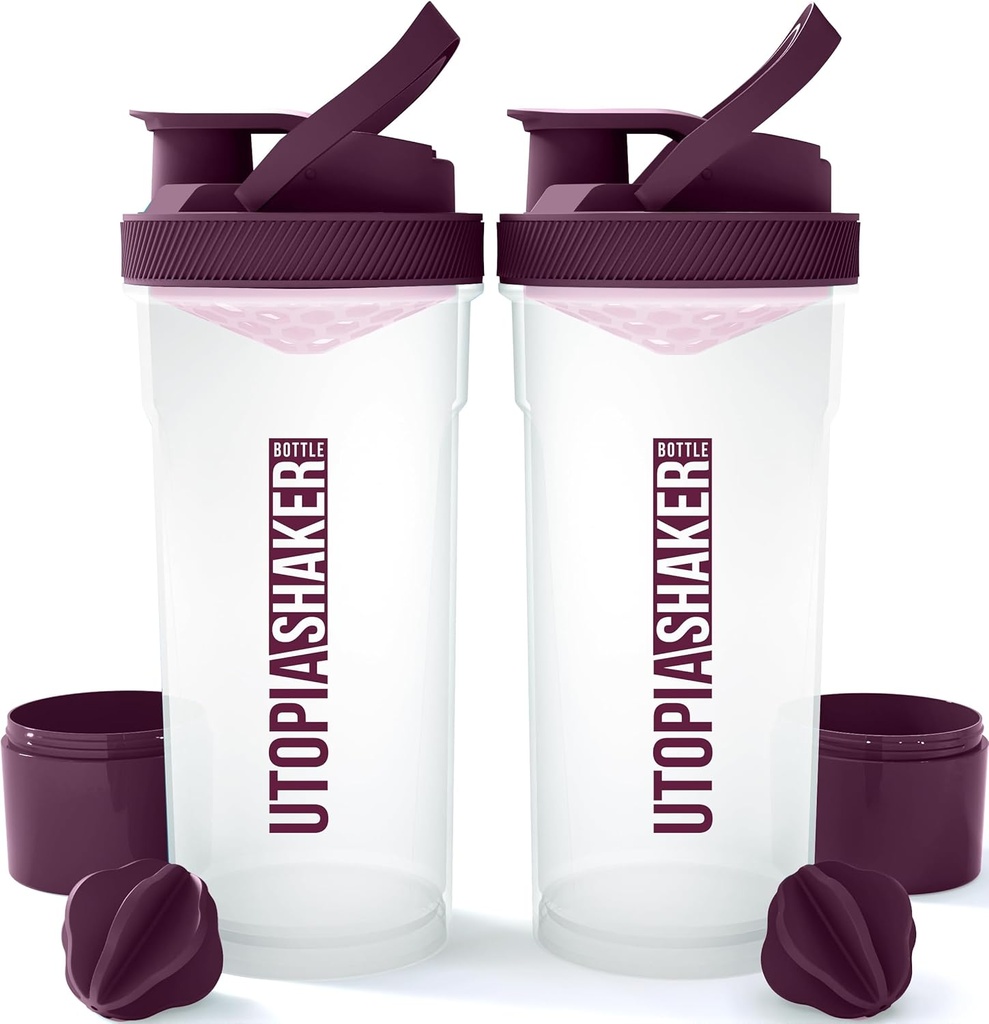 Utopija Home Shaker steklenica 2 Pakiranje - 24 Ounce Plastic Protein ali Cocktail Shaker steklenica za pred in post vadbo z Twist & Lock protein Box shranjevanje (Clear/Plum)