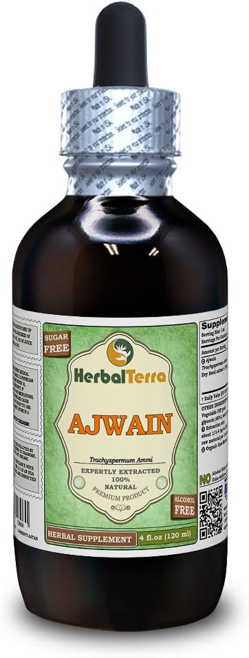 Ajwain (Trachyspermum ammi) Glicerit, organska semena Tekoči ekstrakt brez alkohola (Brand Name: HerbalTerra, Proudly Made in USA) 4 fl.oz (120 ml)