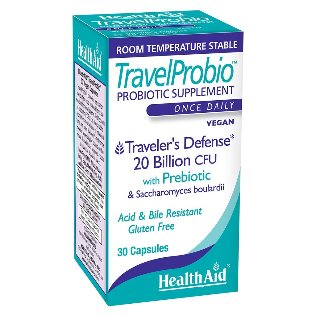 HealthAid TravelProbio 20 Billion CFU Probiotic – Saccharomyces boulardii + Prebiotic (FOS), Acid & Bile-Resistant – Enkrat-Daily Vegan, Gluten-free, Room-Temp Stable – Travel Digestive Support