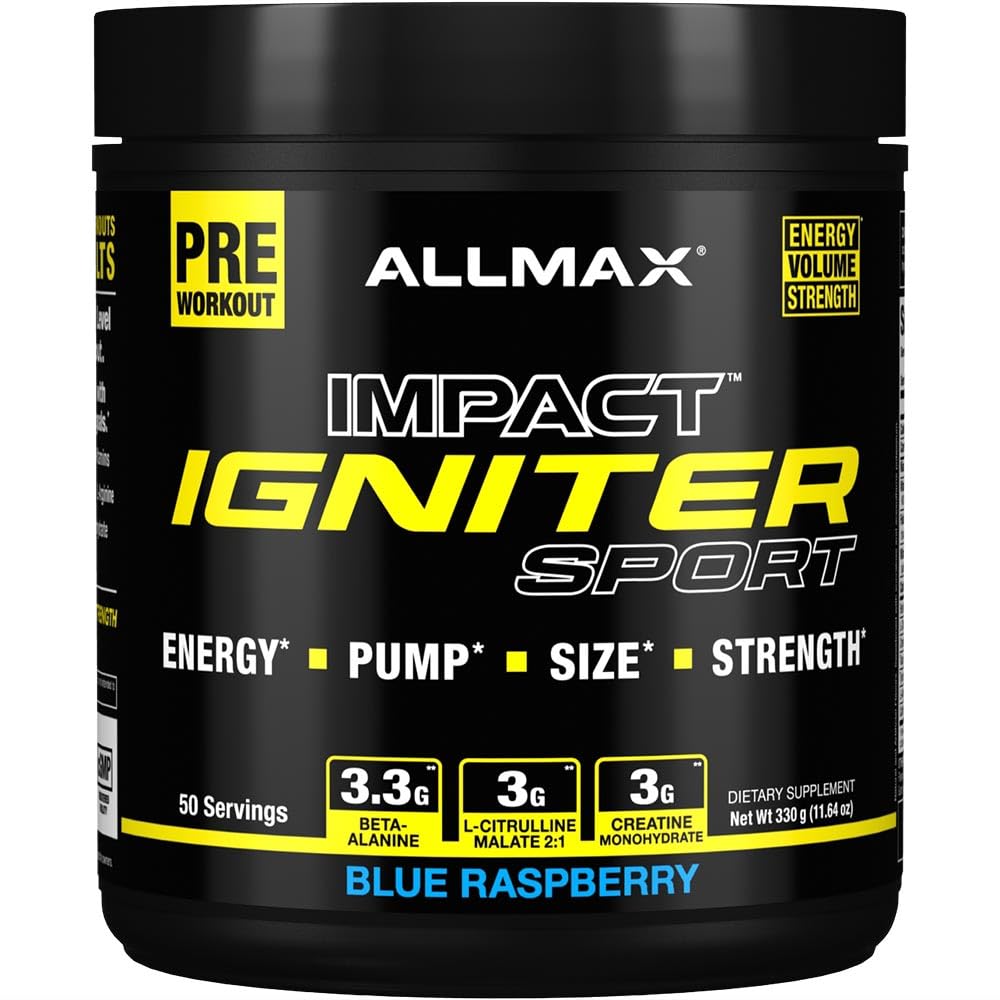 ALLMAX IGNITER Sport, Blue Raspberry - 330 g - Predworkout Formula - s kofeinom, L-citrulin, L-arginin, Creatine & Beta Alanine - Do 50 Servingov