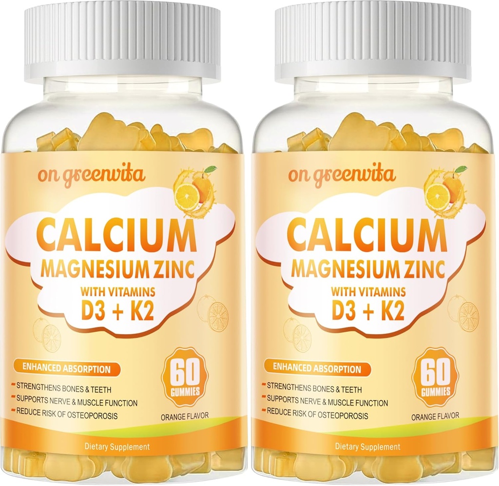 Kalcijev magnezijev cink Gumiji z vitaminom D3 & K2 - visoka jakost izboljšana absorpcija -120 oranžnih gumijev
