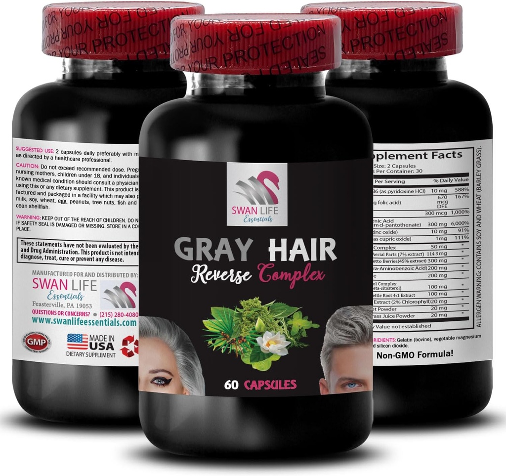 Biotin - GRAY lase REVERSE - sijoči sijaj, iskrica za lase, revitalizacijska formula, mladostni ton, pomlajevalnik las, sijaj las, pigmentacija las, krepitev barve, obnoviti vibrancy 1 steklenica 60 kapice