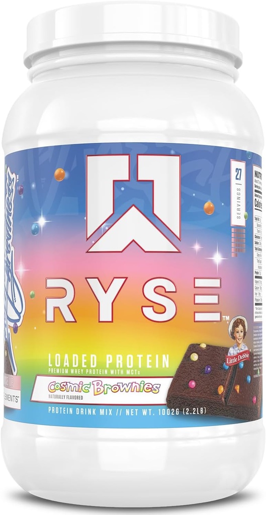 RYSE naložen beljakovinski prašek - mala Debbie Cosmic Brownie - 25g izolat sirotkinih beljakovin in koncentrat s prebiotičnimi vlakni in MCT - Nizki ogljikovi hidrati, nizek sladkor, digestivno-prijazni - 27 serviranja / 2 lb tub