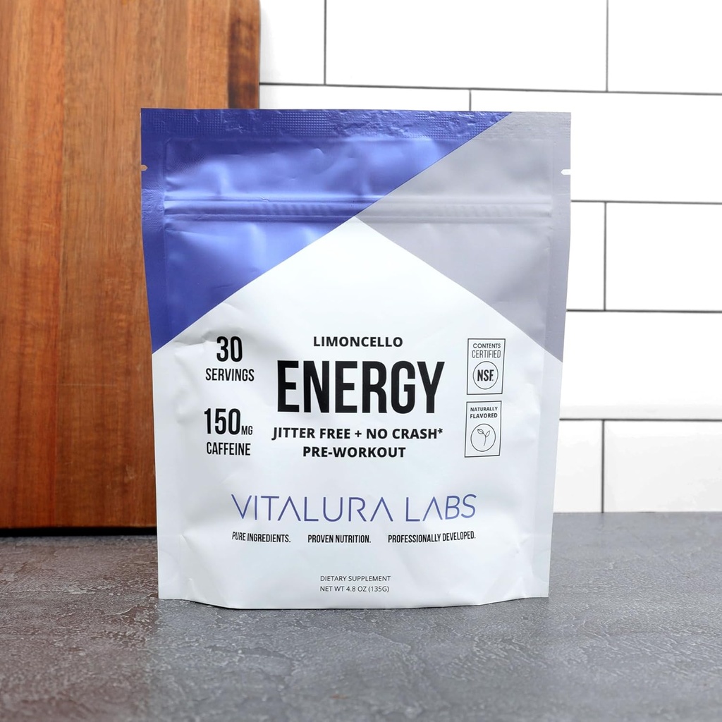 Vitalura Labs Pre-World Powder - Kofein, Teacrine, Rhodiola & L-Theanin za energijo in vzdržljivost - NSF Vsebina Certified - Limoncello Flavored - 30 Servinges