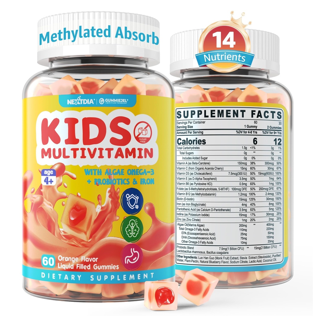 Otroci Multivitaminski gumiji z železom, brez sladkorja, otroci Dnevni vitamini + probiotiki, Algae Omega 3 (EPA/DHA), A, C, D, metil B12, Folat, B6, cink, Biotin, za zdravo rast, Imunska podpora, 60 Število