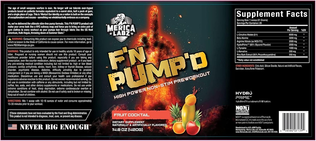 'Merica Labz F'N Pump'D brez stimulanta, dušikov oksid, doziran, pump predworkout prašek (20 servingov) (Fruit cocktail)