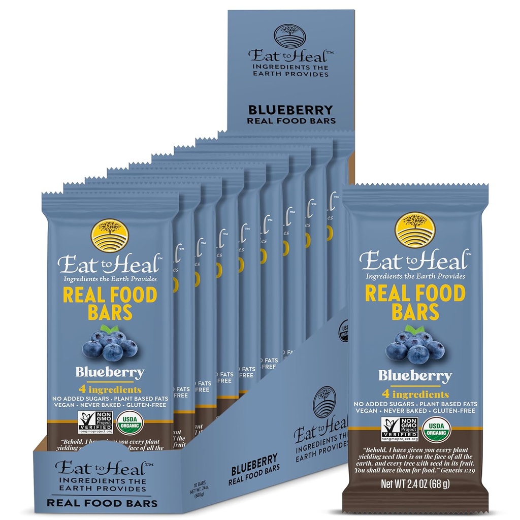 EatTo Heal Blueberry Real Food Bar - Ekološke beljakovinske čokoladice, Veganska hrana, zdravo brez glutena Beljakovine Hrana - Nizke beljakovinske čokoladice, ne gensko spremenjeni organizmi, Nikoli pečeni, Rastlinski prigrizki - Narejeni za uživanje