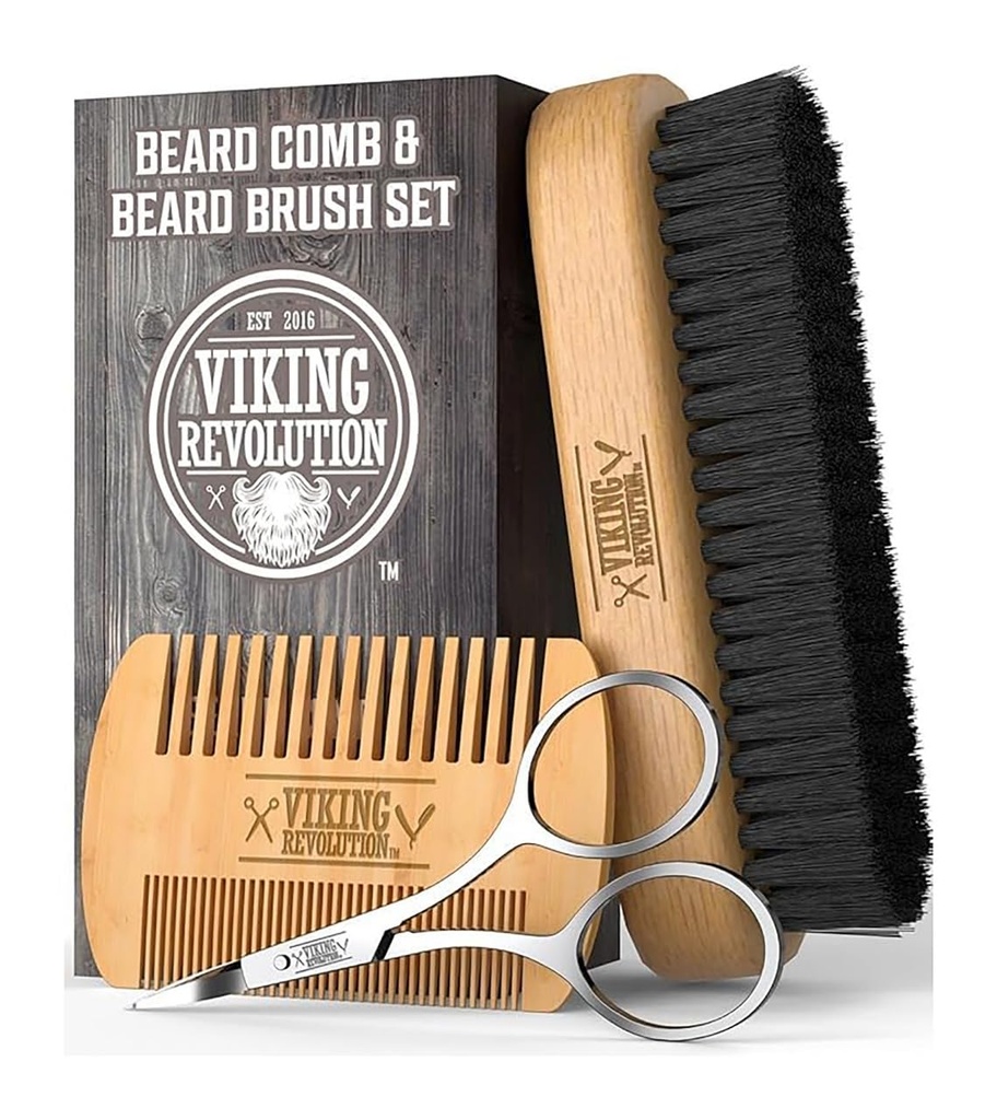 Garnitura vikinških revolucijskih bradljev in bradljev za moške -- naravna krtača za borne ščetine in dvojno ukrepanje Pear Wood Comb w/Velvet potovalna vrečka - Super za brade in brke
