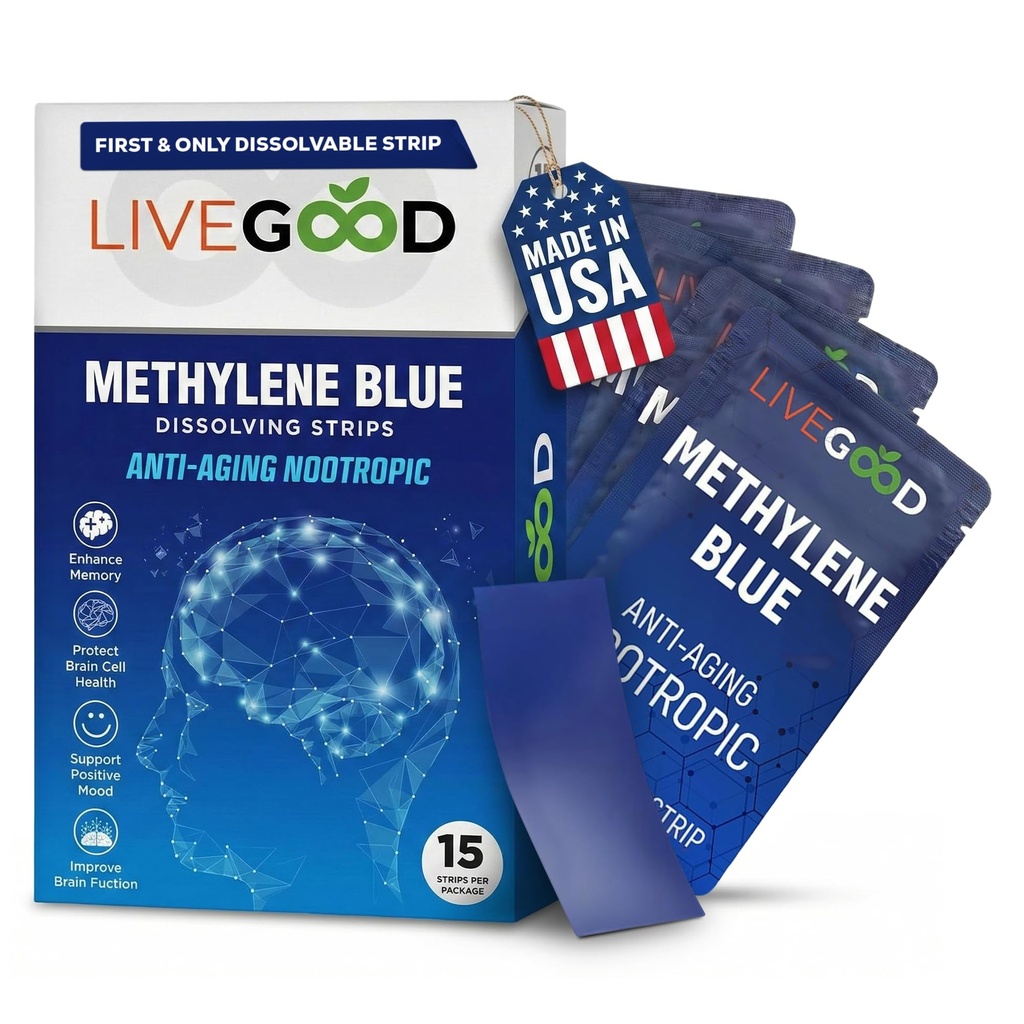 LIVEGOOD metilen modro – metilen modro za ljudi, možganske dodatke za spomin in fokus, jasnost in kognitivna energija, nootropična podpora možganov, Made in USA, 15 peroralnih trakov z 20mg vsak