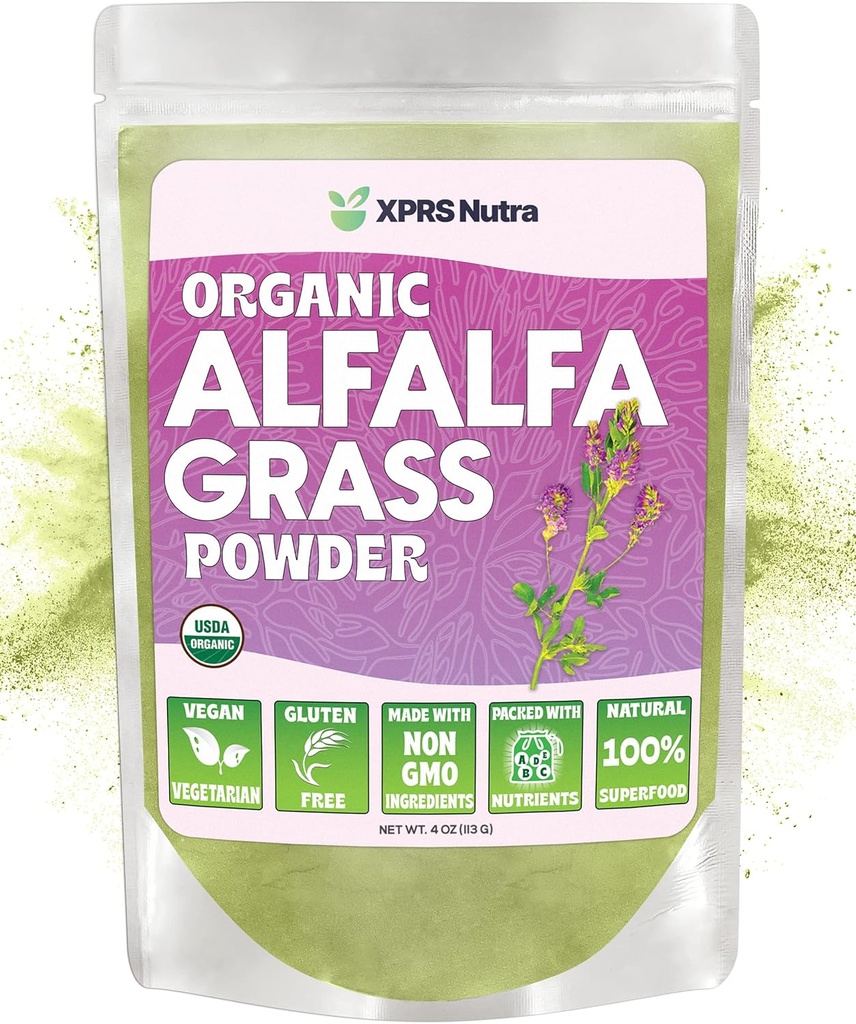 XPRS Nutra Organic Alfalfa Powder - Premium Vegan dodatek bogat s kalcijom, antioksidanti, vitamini - Kmet Alfalfa Dodatek za otroke in odrasle - Vegan prijazno zdravo list (4 Ounce)