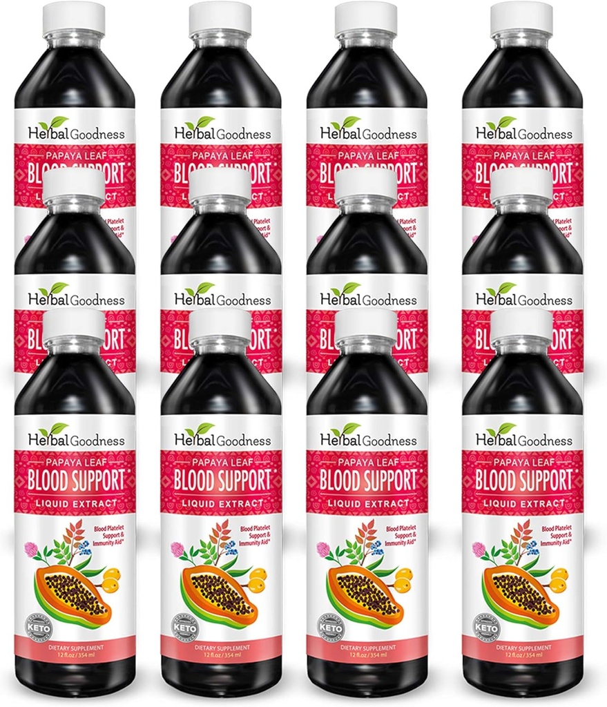 Papaya Leaf Blood Support Liquid - 15X Jakost - Papaya Leaf Extract - Zdrave ploščice, čiščenje krvi, Prebava, Papaya Enzyme - 12(12oz) Steklenice Liquid - Zeliščna dobrota - Made in USA