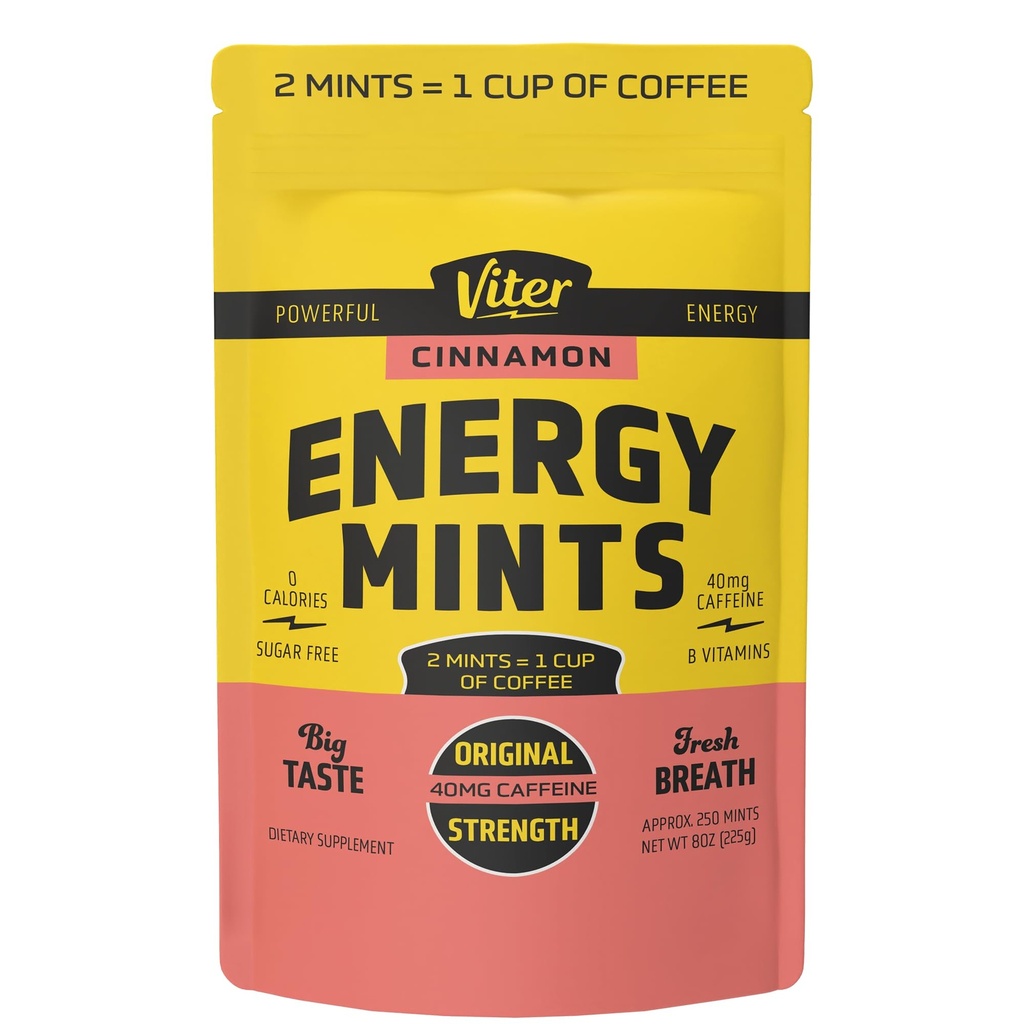 Viter Energija 40mg Kofeinske mete - brez sladkorja, B Vitamini, Vegan, Boosts hitro Energiran opozorilo fokus, Kofeiniran nootropne dodatne tablete (Cinnamon Flavor, 8oz, Bulk Bag)
