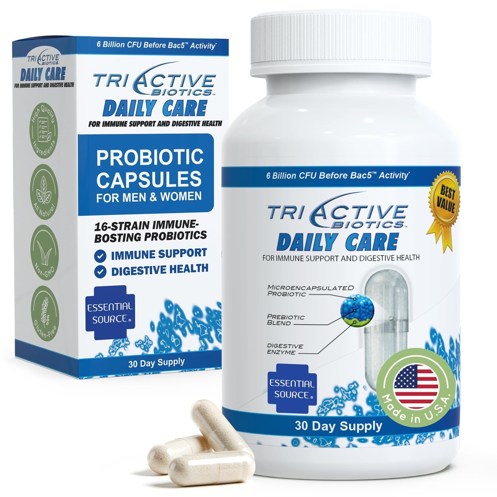 TriActive Biotics Daily Care - Probiotiki za ženske in moške, Prebiotična mešanica s 6 milijardami CFU - Probiotiki za digestivno zdravje - podpora Gut Health, Imunska obramba - 30 kapsul