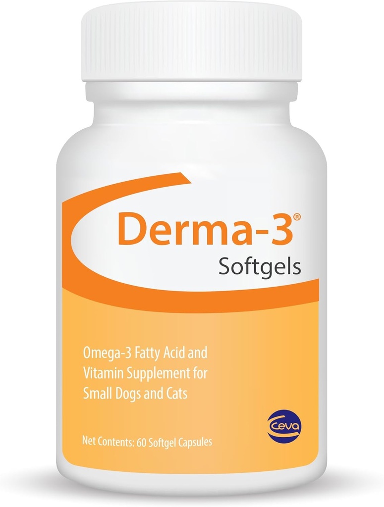 Ceva Derma-3 Softgels, Omega-3 Maščobne kisline in vitaminski dodatek za majhne pse + mačke (60 število)