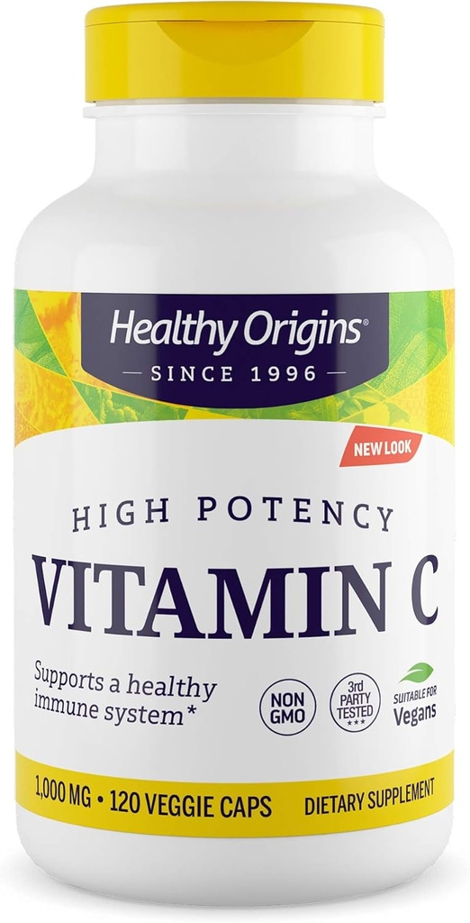 Zdrav izvor Vitamin C 1000 mg (ne-GMO testiran, visoka jakost, Imunska podpora, Vegan), 120 Veggie Caps
