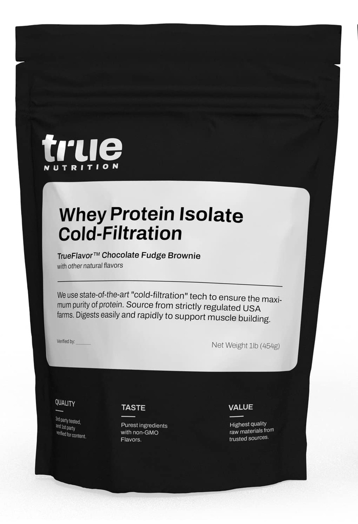 True Nutrition Whey Protein Isolate Powder - Cold-Filted, 27g Protein per Serving - Podpira rast mišic in regeneracijo - Keto, Gluten Free, Laktoza Brez, Non-GMO - Čokolada Fudge Brownie - 1lb