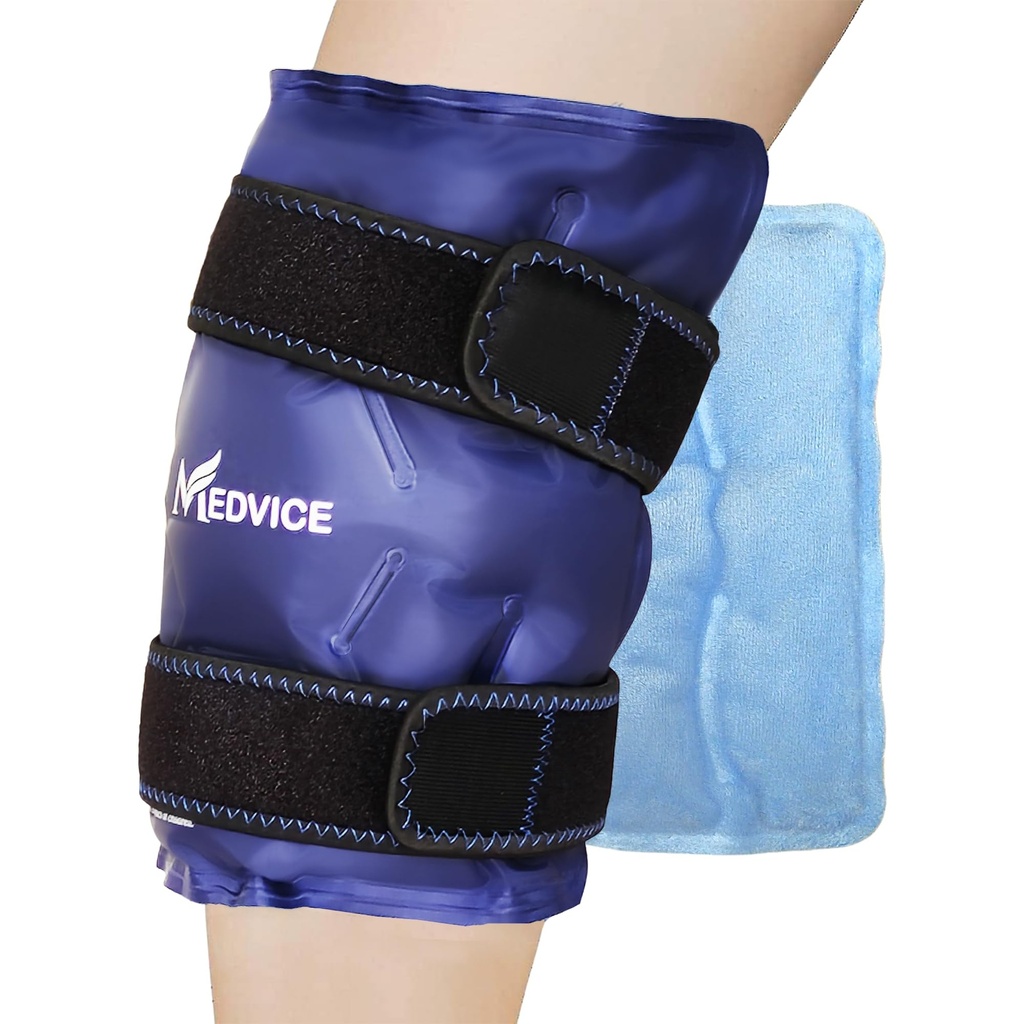 Medvice Ledeni paket s hladnim stiskanjem za bolečine v kolenu, otekanje, nadomestna kirurgija, artritis in okrevanje poškodb, prilagodljivi pasovi, ponovno uporaben gelski ledeni ovoj za Meniskusovo tear in ACL modro