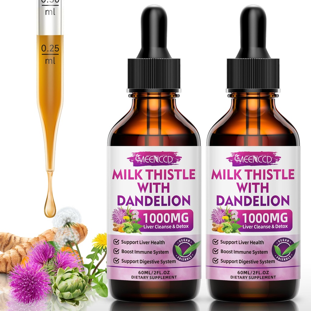 2 Pack Milk Thistle Tekoče kapljice - Jetra čiščenje Detox in popravila - 1000mg Milk Thistle dodatek za podporo jeter, Silymarin Jetra Dopolnilo za zdravje jeter, Vegan, Non-GMO, 4 Fl Oz