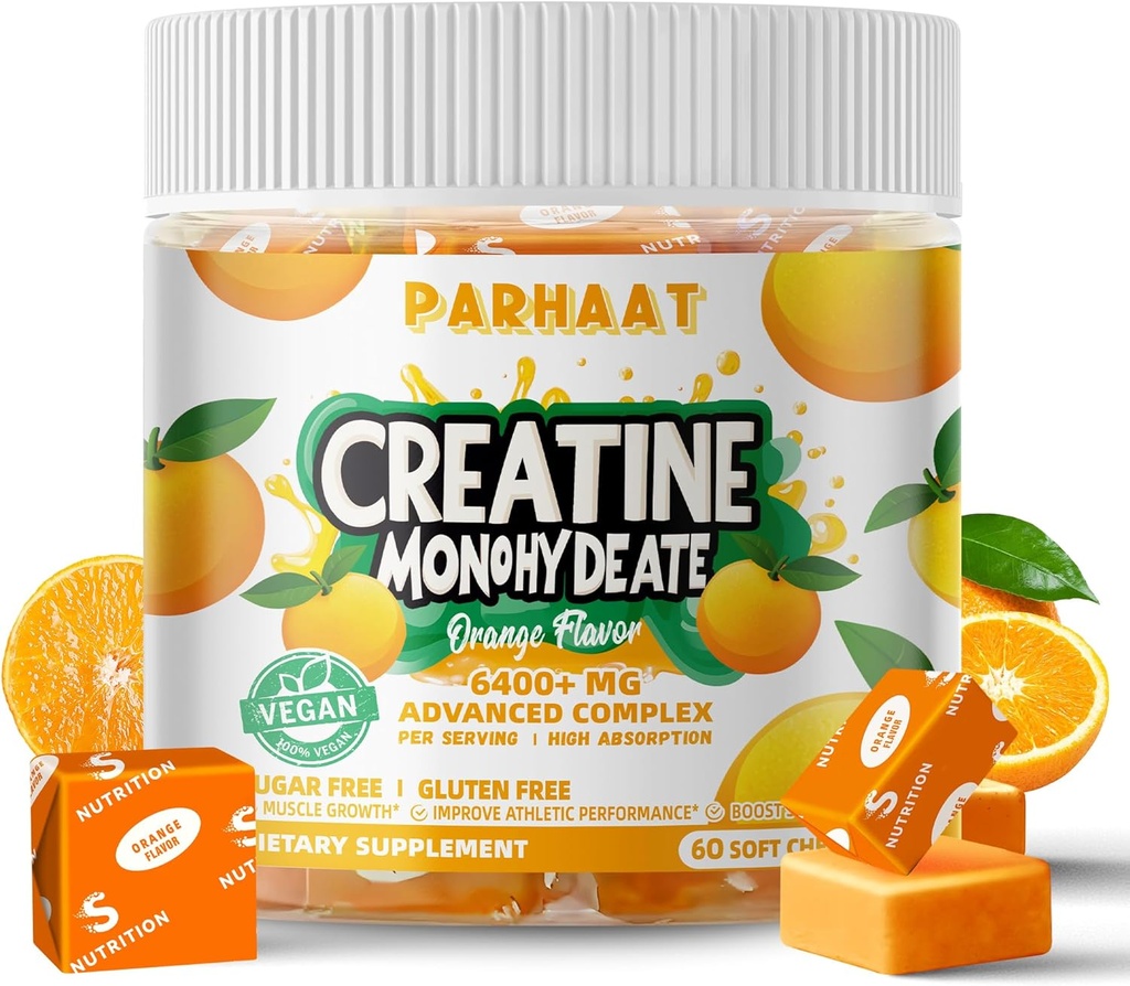 Kreatin Monohidrat žveči kompleks 6400mg za moške in ženske -Napredna Formula W/L-Taurin + vitamin B12, Sugar brez žvečljivi dodatek,60 Oranžne Softchews