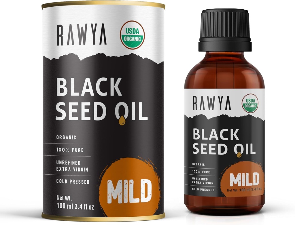 RAWYA črno seme olje - hladno stisnjeno - črna kumina semena - Premium Nigella Sativa - Omega 3 6 9 - Kalonji za kožo in zdrave lase - Non-GMO, Gluten-free - Wellness olje - Blag aroma - 3.4 Fl Oz