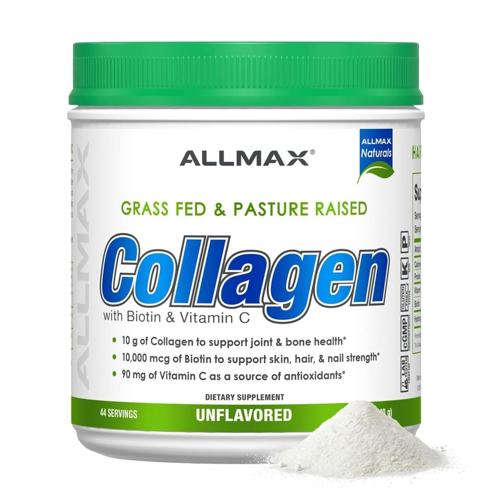 ALLMAX Nutrition Grass Fed & Pasture dvignjeni kolagen z 10.000 mcg Biotin + 90 mg Vitamin C, brez arome, 15,5 oz (440 g)