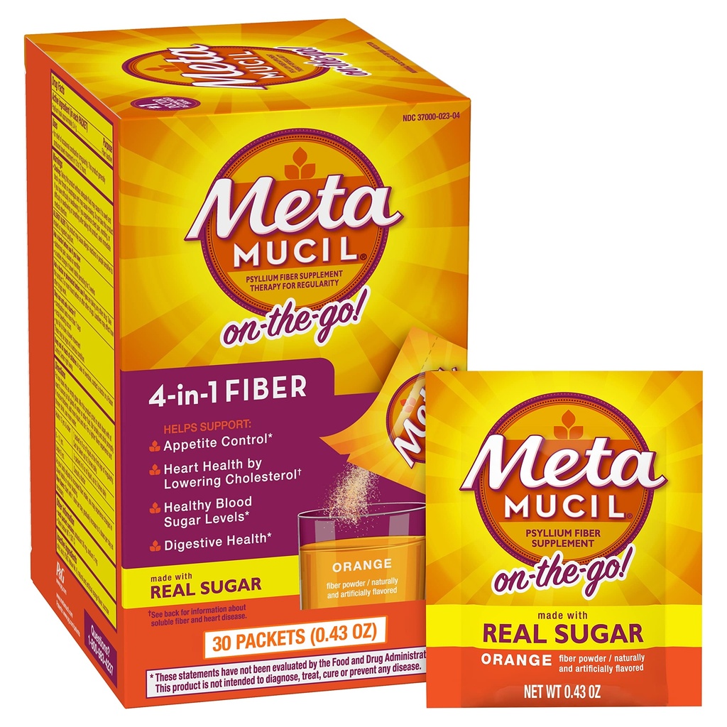 Metamucil On-the-Go, Daily Psyllium Husk Powder dodatek s pravim sladkorjem, 4-in-1 Fiber za digestivno zdravje, oranžna gladka aromatizirana pijača, 2 pakiranje x 30 število = 60 pakiranj skupaj