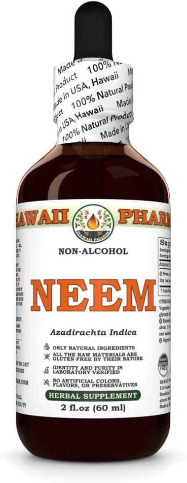 Neem Alkohol-free Liquid Extract, Organic Neem (Azadirachta Indica) Suhi Leaf Glicerit Naravni zeliščni dodatek, Havaji Pharm, ZDA 2 fl.oz