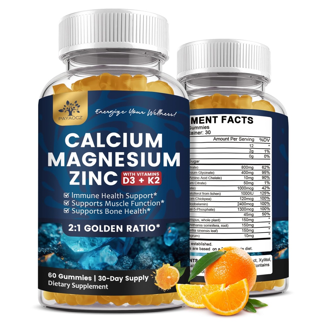 (2 pakiranji) Kalcijev magnezijev cink Gumiji z vitaminom D3, K2, B12 in B6 za odrasle, brez sladkorja magnezijev glicinat z dodatkom kalijevega morskega maha, kalcijev citrat za kostni razpoloženj in podporo za spanje