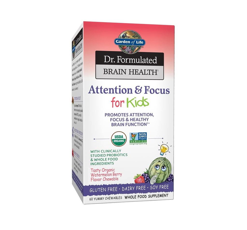 Vrt življenja Dr. Oblikovana pozornost in fokus za otroke, Dodatek spodbuja zdravo delovanje možganov, Koncentracija z organsko Wild Blueberry, Pine Bark, Vitamin C, D in Probiotics, 60 Število