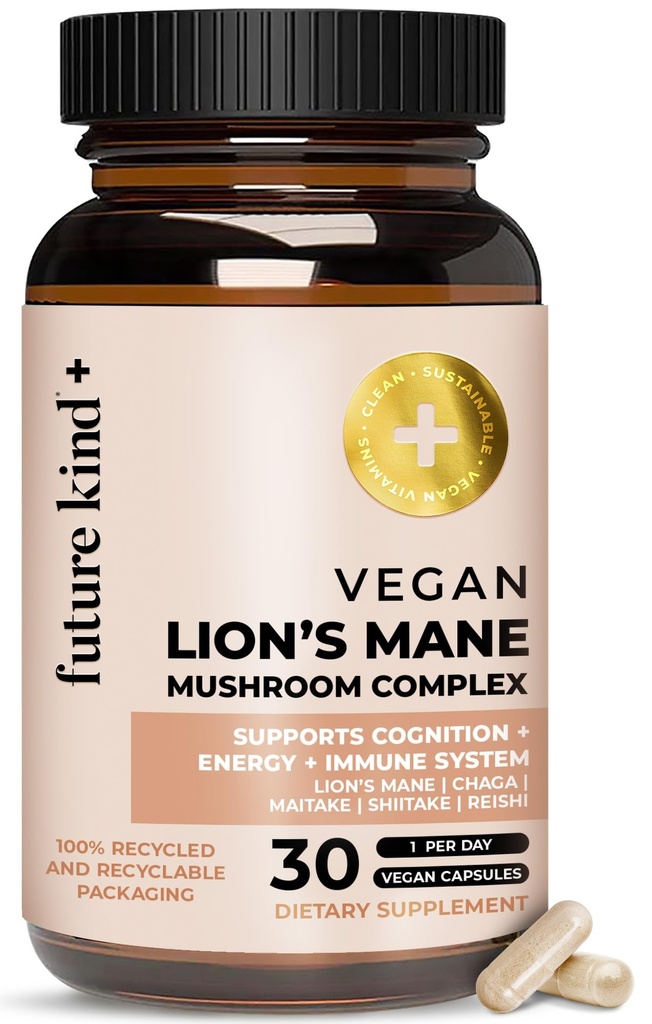 Future Kind Vegan Lev's Mane Gobe Complex - Možganski dodatek s Chaga, Maitake, Shiitake, & Reishi, Podpira spomin in fokus (30ct)