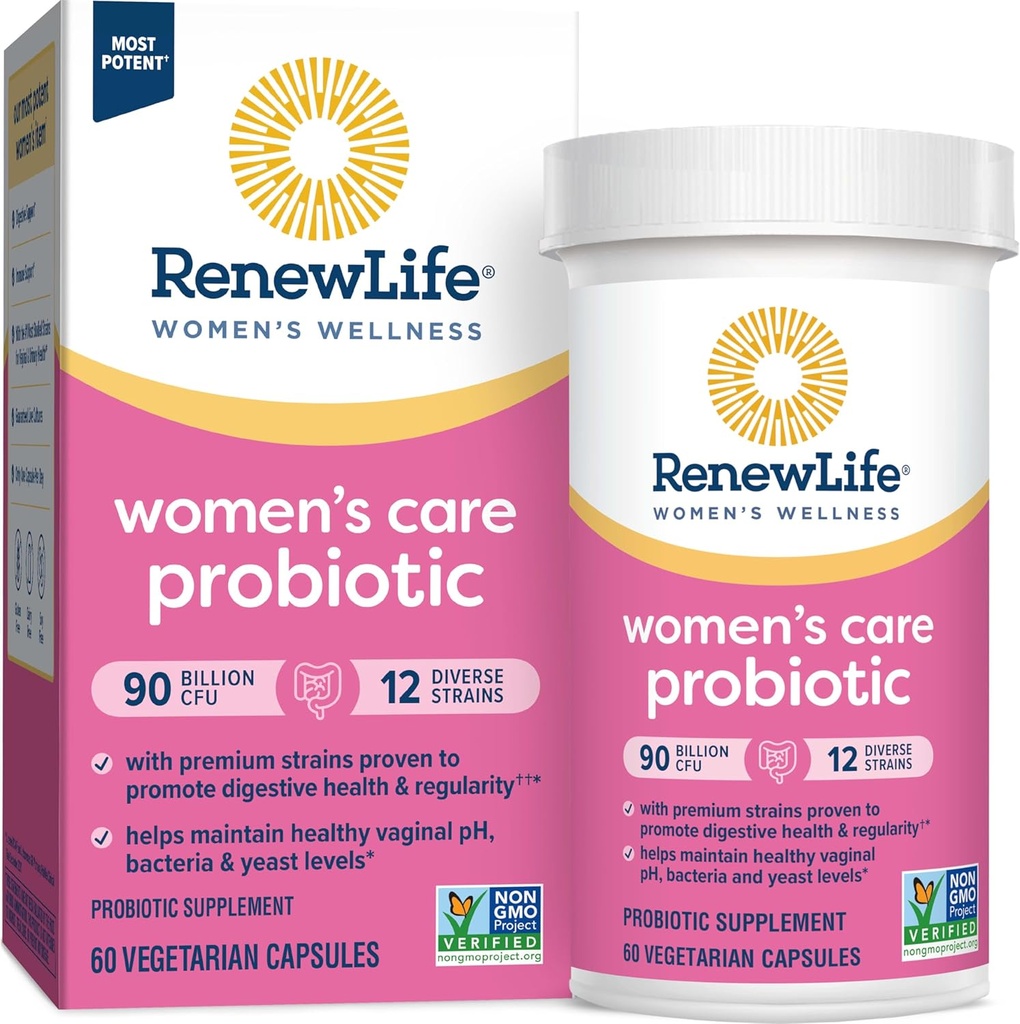 Renew Life Ženske probiotične kapsule, Podpira pH ravnovesje za ženske, vaginalne, urinske, prebavne in imunskega zdravja, L. Rhamnosus GG, Mlečni, Soja in Gluten-free, 90 milijard CFU - 60 Ct