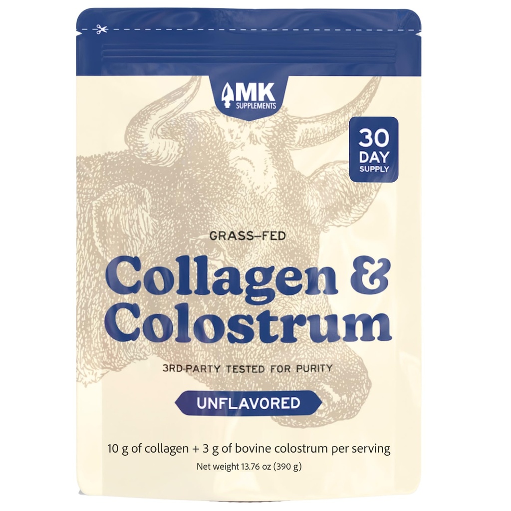 MK dopolnila Collagen & Colostrum – Grass-Fed goveji kolagen in goveji kolostrum v prahu – koža, drobovje, skupni in imunski podporo – Keto, Paleo, Carnivore prijazno – brez dodatkov